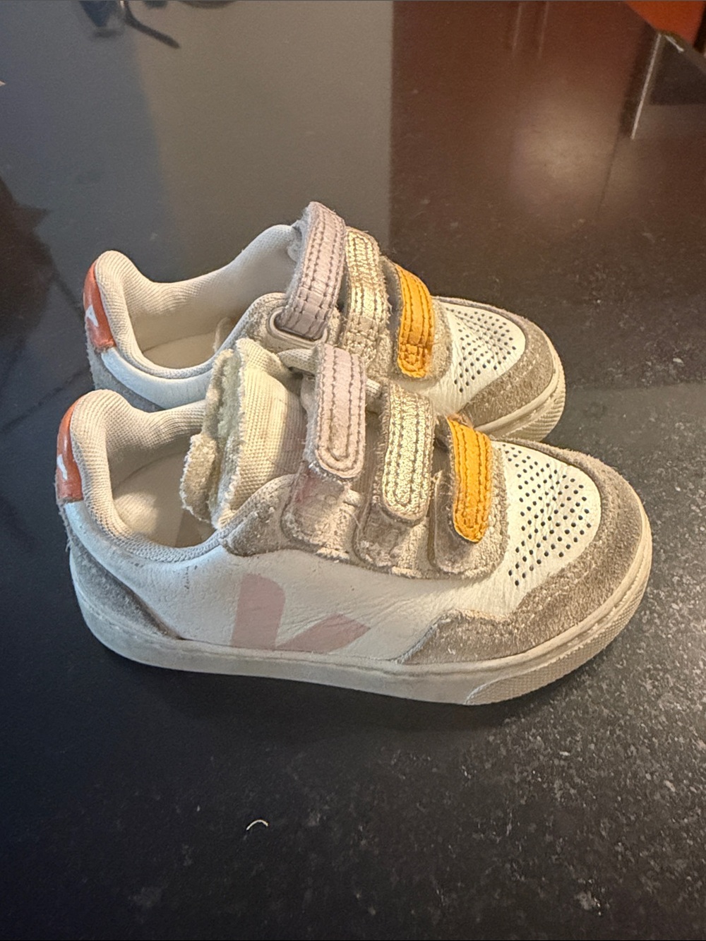 Veja Kids White, Pink & Yellow Velcro Sneakers
